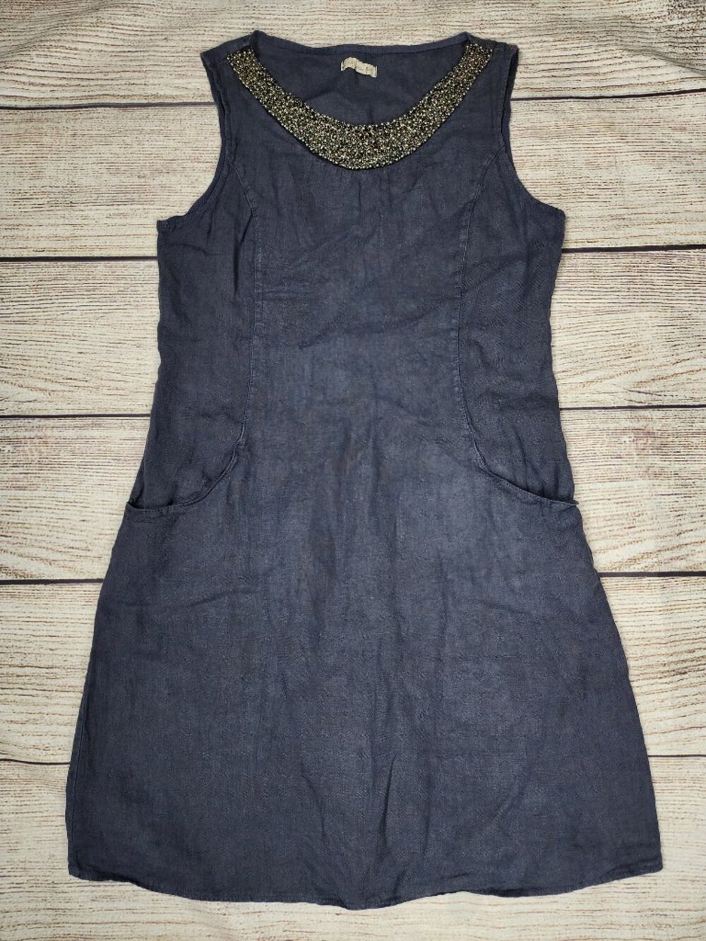 Lina Tomei Made in Italy Navy Blue Linen Shift Dress Medium Pewter Beaded Collar